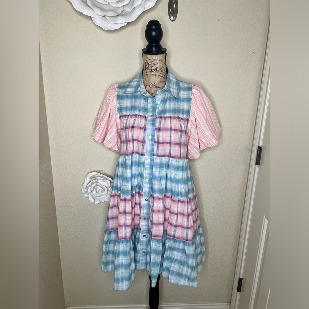 NTM: Entro Bubble Sleeve Blue, Green, Pink & White Plaid Lined Mini Dress Sz M